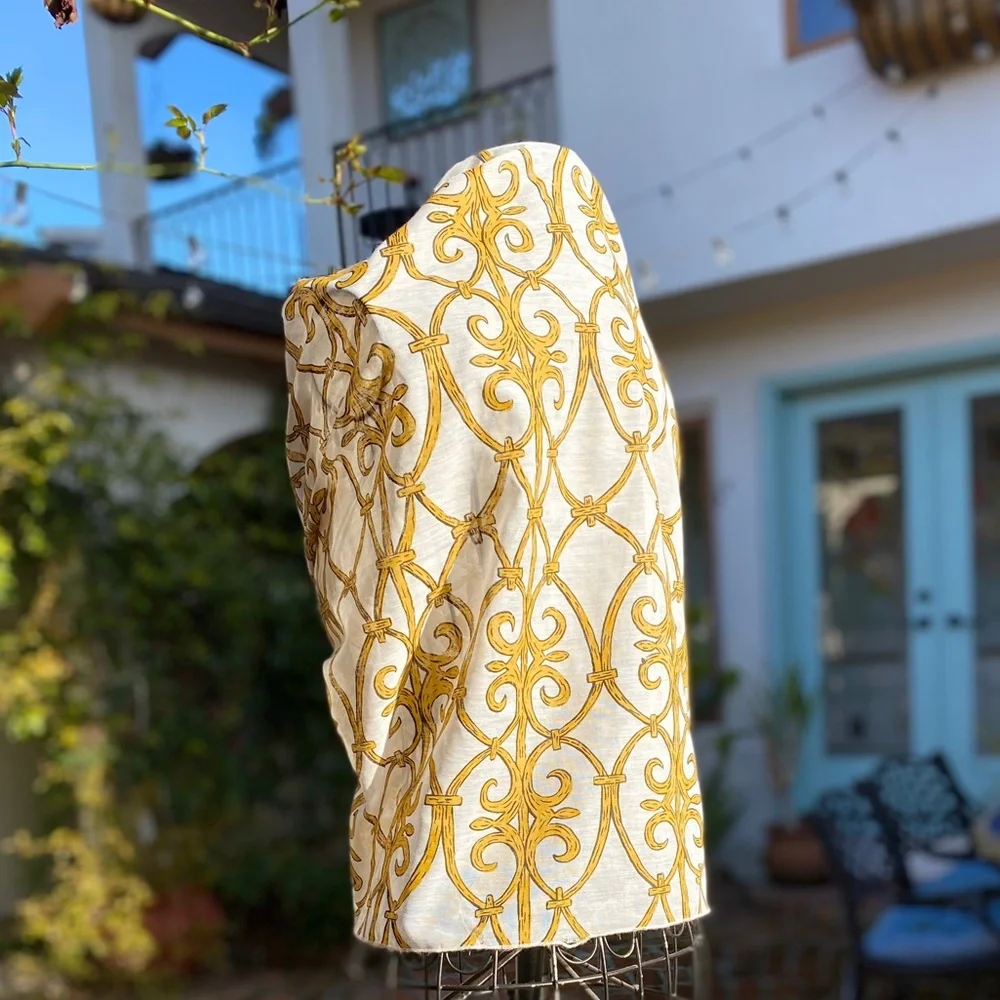 🏆 Vntg MC Mod Tablecloth White Mustard Gold Black